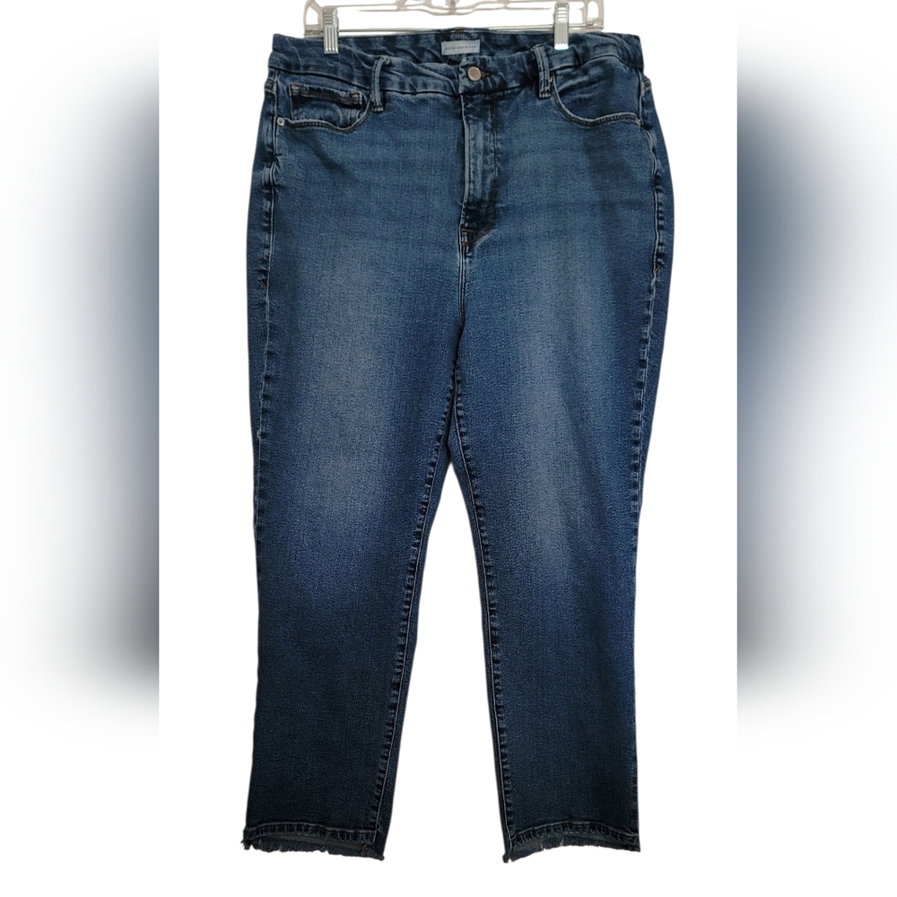 Good American Good Legs Straight Ankle Jeans Raw Hem Style GBC953T Indigo 394
